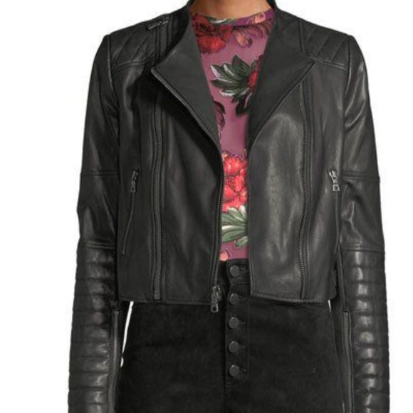 Alice and Olivia Black Lamb Leather Moto Jacket